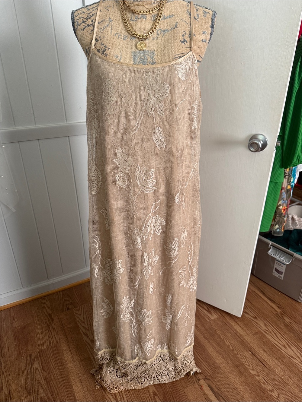Sue Wong Beige Lace-Trim Embroidered Maxi Dress